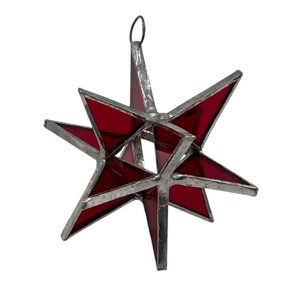 Vintage‎ Moravian 12 Point Star Red Leaded Stained Glass Sun Catcher Ornament